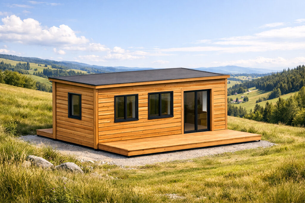 Kleines Casita Haus mit Holzfassade