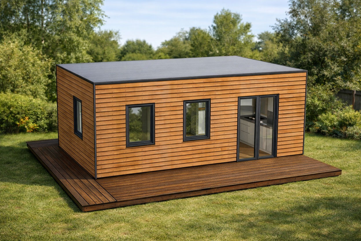 kleines einstöckiges Passivholzhaus mit großen Fenstern